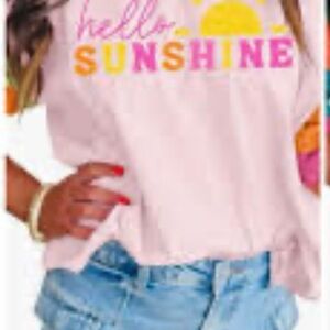 Hello Sunshine Graphic Tee – Pastel Pink Colorblock Sleeve T-Shirt | Large